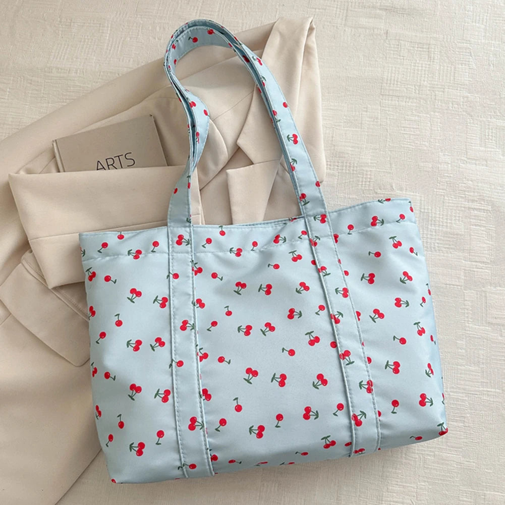 Cherry & Strawberry Print Large Capacity Canvas Tote – Nylon Top-Handle Shoulder Bag