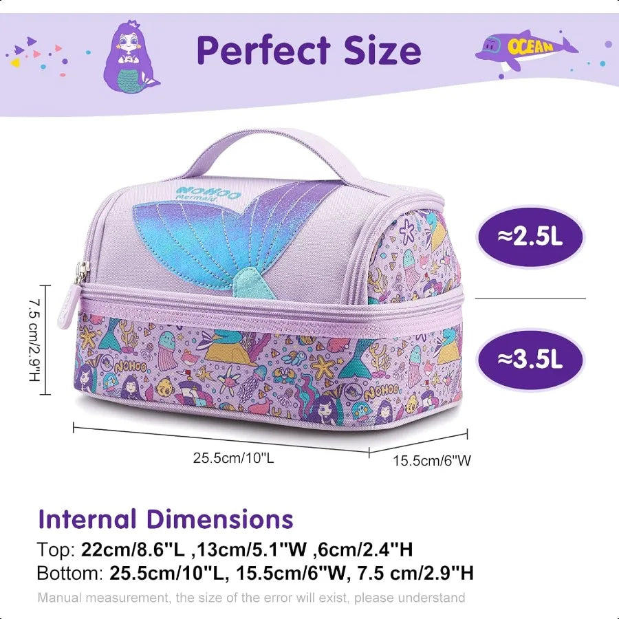 NOHOO Kids Insulated Lunch Bag – Small Reusable Purple Mermaid Print for Girls Toddlers School & Daycare