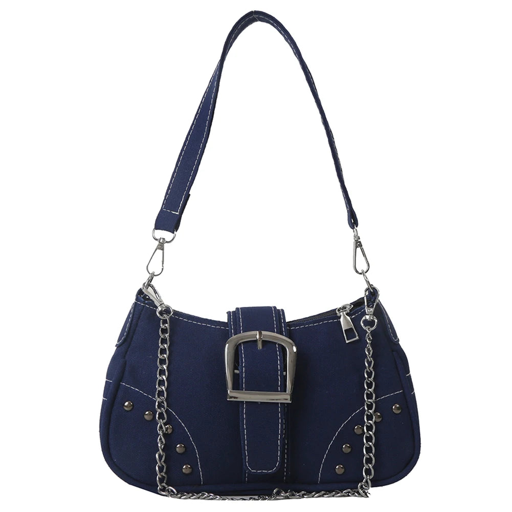 Women’s Vintage Rivet Y2K Under-Arm Canvas Satchel – Trendy Armpit Bag with Zipper Closure