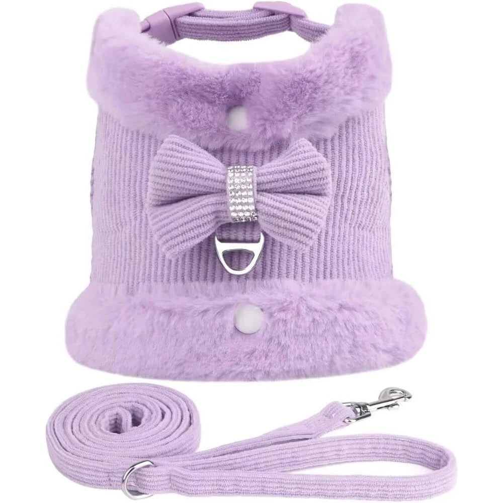 Cute Small Dog Harness & Leash Set with Bow Tie – Soft Padded Adjustable Pet Vest for Indoor & Outdoor Walking