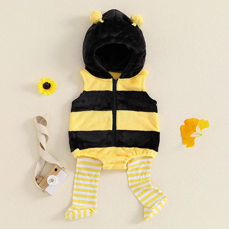 Lioraitiin Baby Bee Costume – Infant Sleeveless Hooded Romper with Long Socks Set, Newborn Halloween Outfit 0–24M