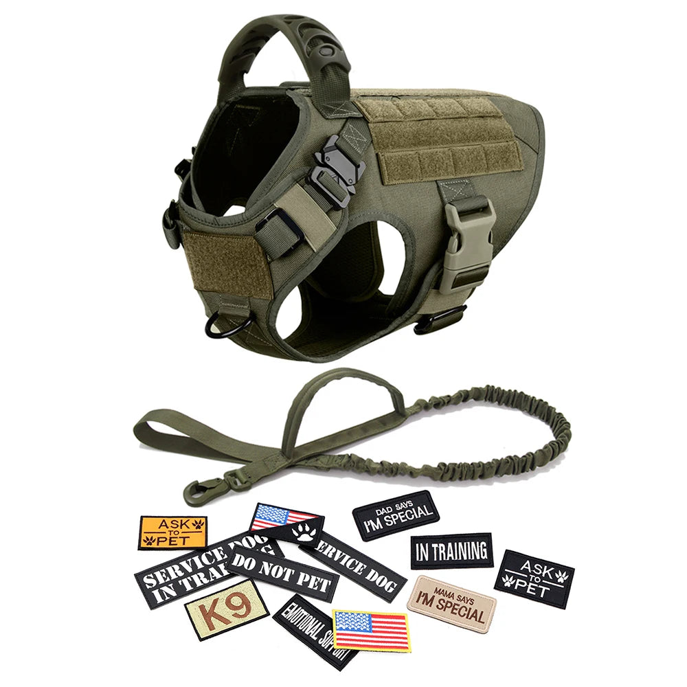 Military Tactical Large Dog Harness Set – Training Vest with Collar, Leash, Bags & Patches for Malinois & Large Breeds