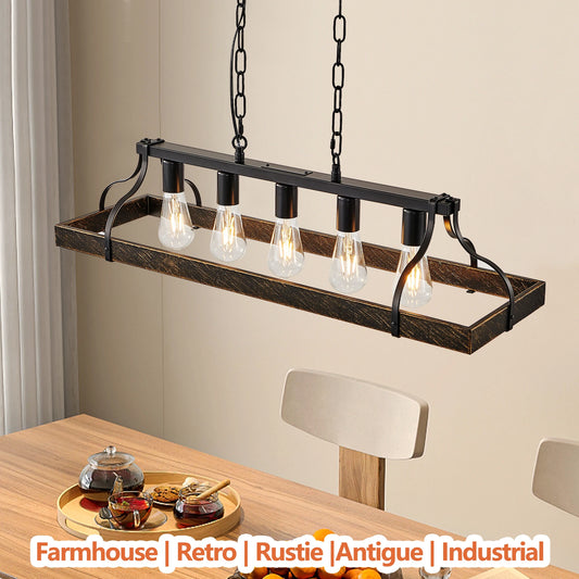 Black & Gold Vintage Pendant Chandelier with 5 Bulbs – Adjustable Height Industrial Hanging Light for Dining & Living Rooms