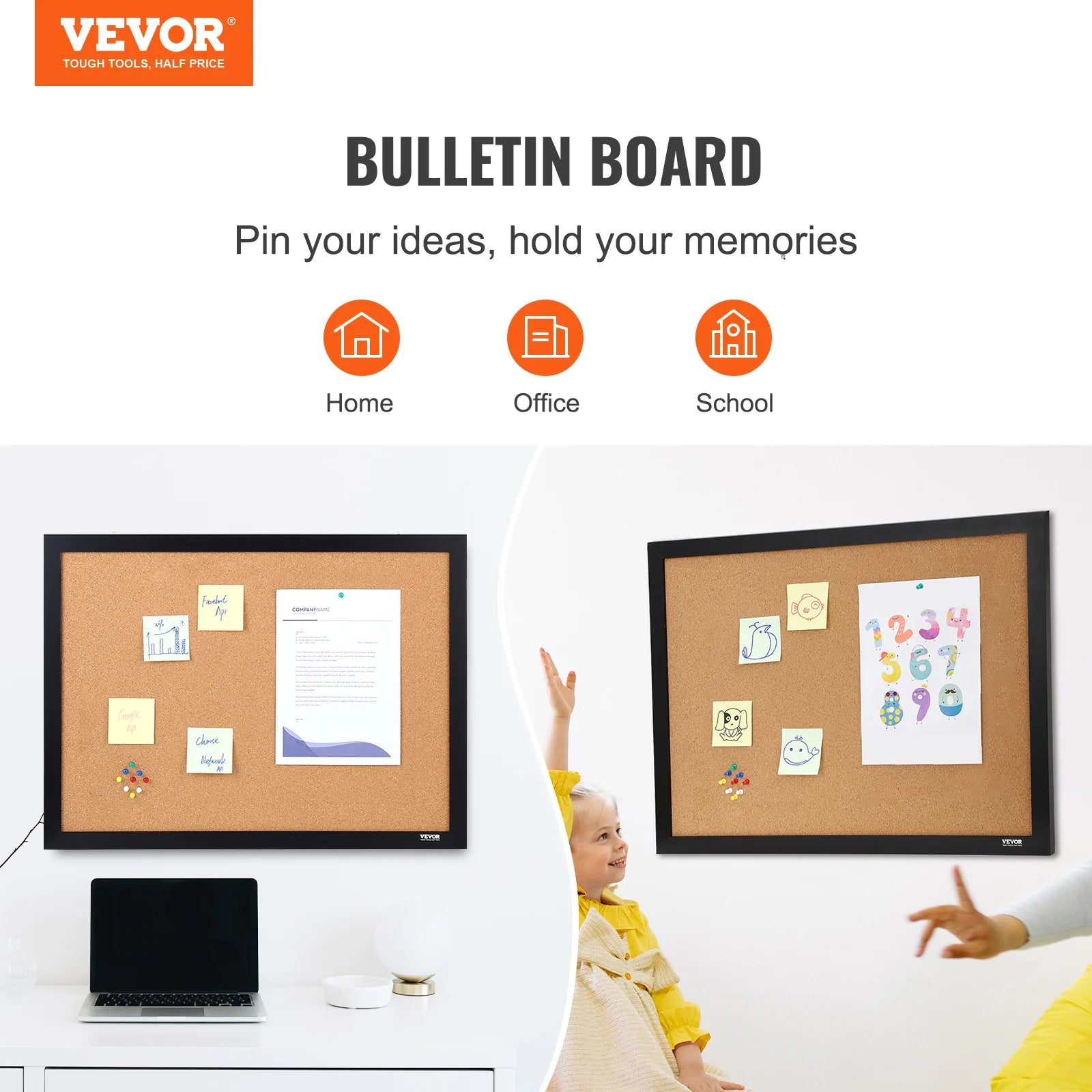 VEVOR Cork Board Bulletin Board – 36 x 24 / 24 x 18 in Vision Board with MDF Frame & Push Pins