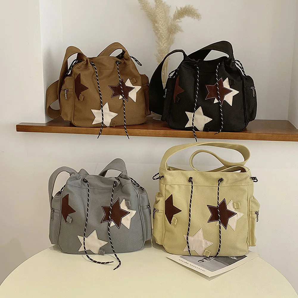 Women’s Cute Crossbody Bag 🎒 – Large Capacity Canvas Shoulder Bag with Star Applique, Y2K Street Style for Teens & Students ✨