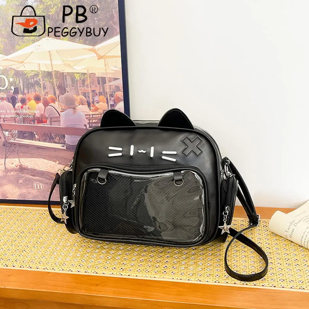 Cute Cat PU Crossbody Bag — Adjustable Strap Shoulder Purse with Clear Pocket for Women & Girls