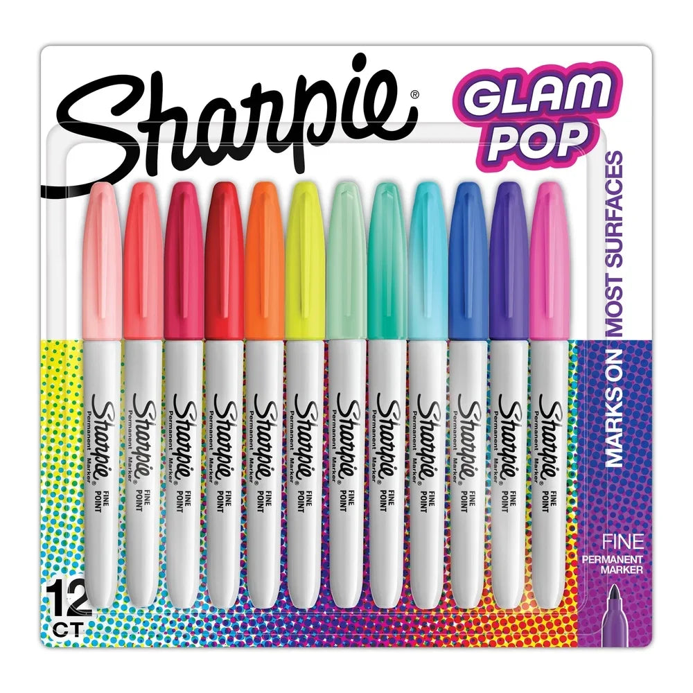 Glam Pop Permanent Markers Fine Point Set – 12 Assorted Colors, Quick-Dry & Waterproof