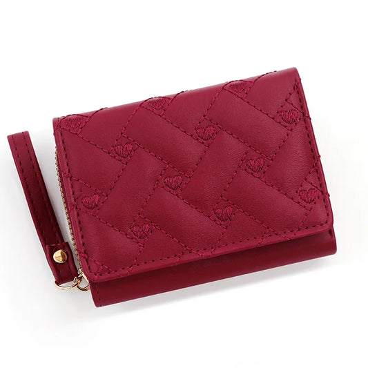 Women’s Heart Embroidered Short Wallet – Triple Fold PU Leather Purse with Multi-Card Slots & Large Capacity