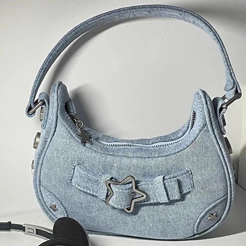 Women’s Vintage Y2K Top-Handle Handbag – Solid Color Purse with Zipper & Star Decor, Cute Tote Gift for Girls