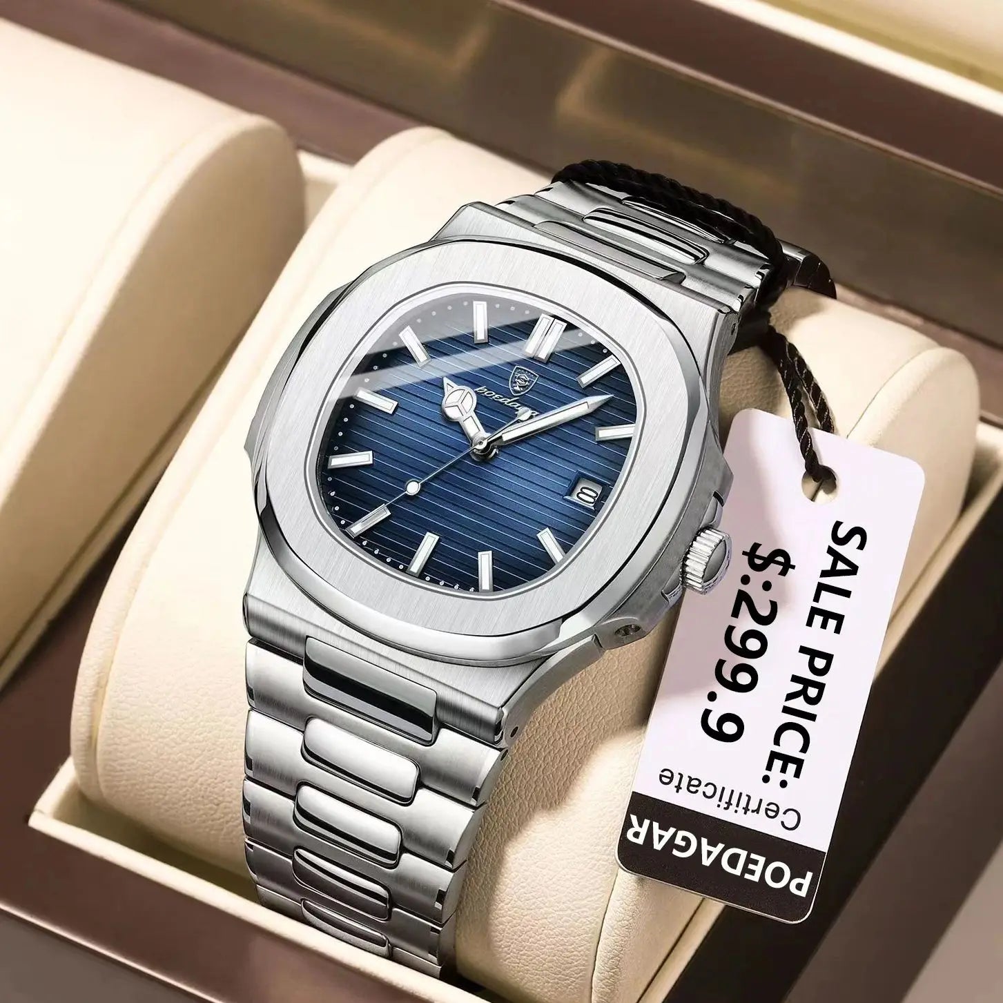 Poedagar Luxury Casual Men’s Watch – Square Dial, Stainless Steel, Luminous, Waterproof with Calendar & Gift Box