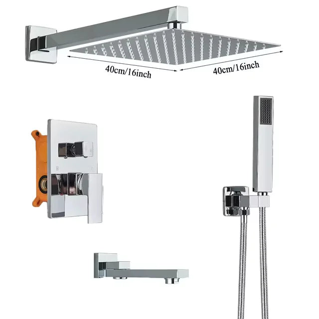 Chrome 16-Inch Rainfall Concealed Shower System Set – Wall-Mounted Mixer Tap