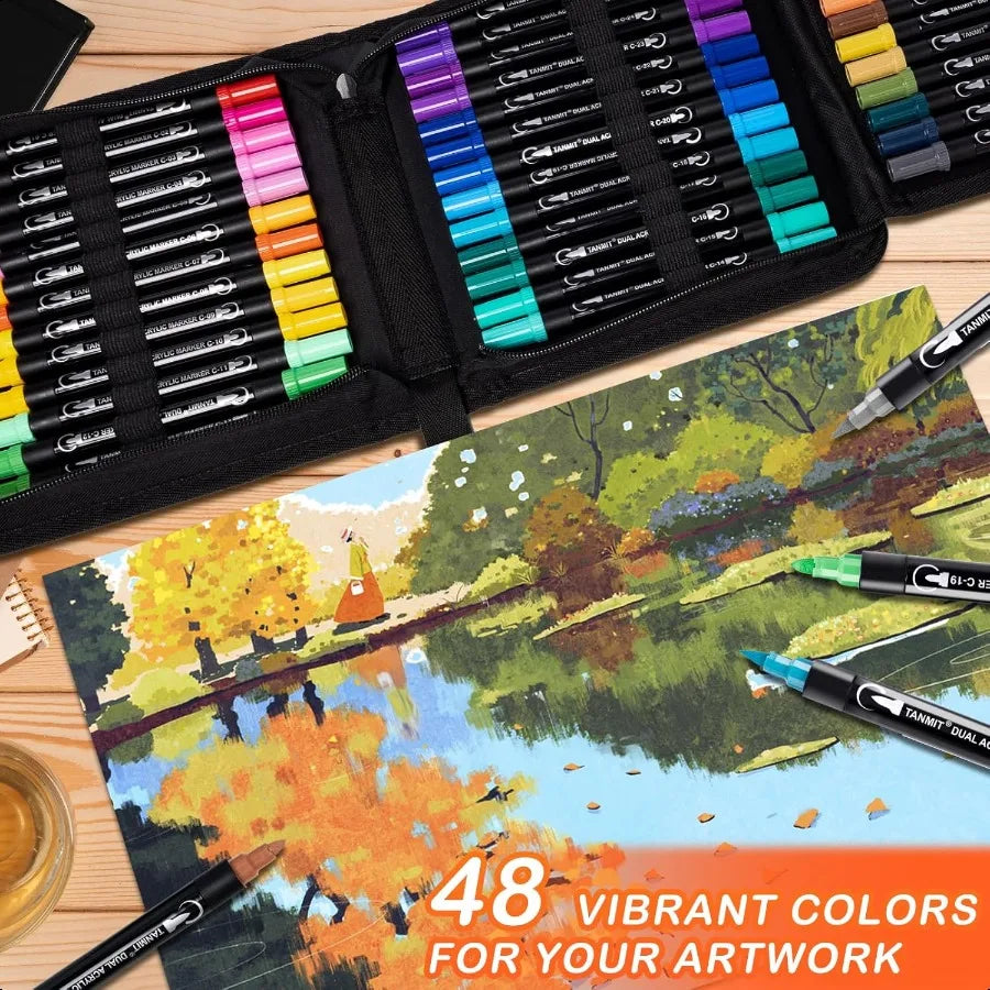 48 Colors Acrylic Paint Pens – Dual Tip Acrylic Markers with Brush & Fine Tips for Rock Painting, Wood, Canvas & DIY Crafts