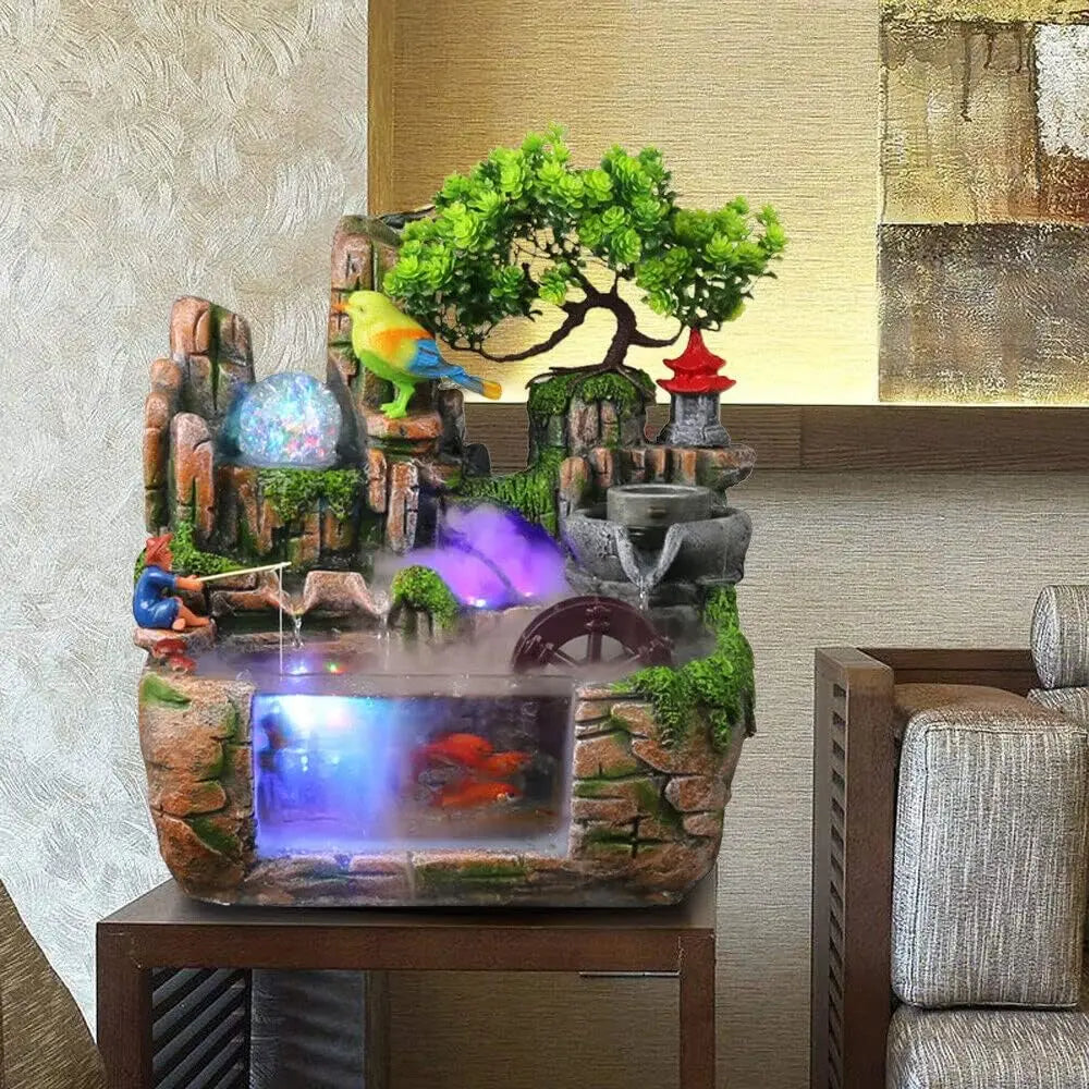 Mini Indoor Rockery Tabletop Waterfall Fountain with Mist & LED Lights – Cascading Water Feature for Home & Office