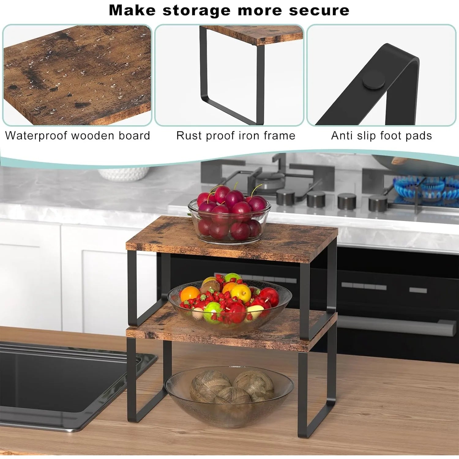 4-Pack Wooden Expandable Countertop Shelves – Stackable Organizer for Kitchen & Bathroom (Brown)