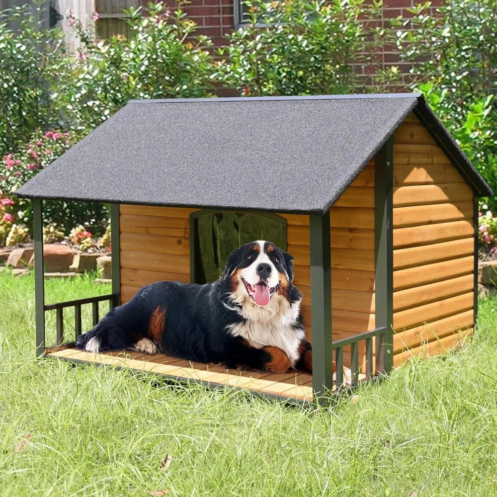 Outdoor Weatherproof Dog House – Fir Wood & Iron Frame Shelter for Large Breeds (Easy Assembly)