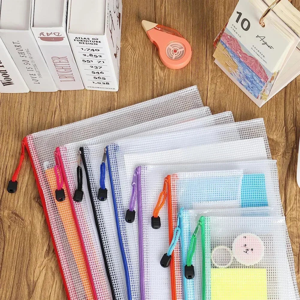 10PCS Mesh Zipper Pouch Set – Waterproof Plastic Document Bags for Travel, Office & Home Organization