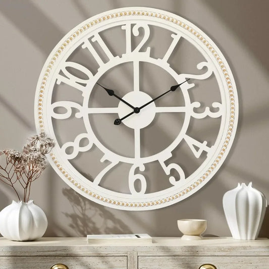 30-Inch Farmhouse Wall Clock – Large Wooden Silent Wall Clock with Boho Beads | Rustic Battery-Operated Easy-Read Design