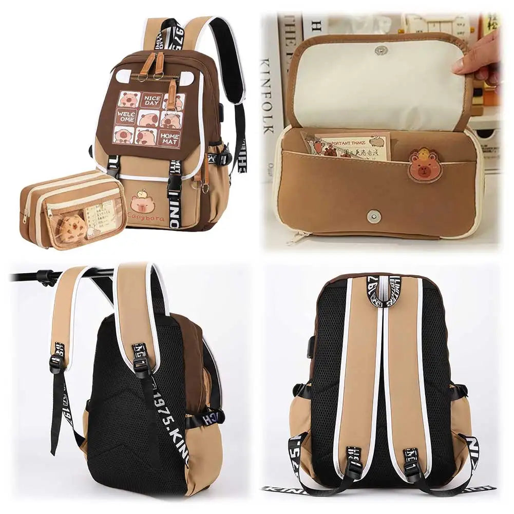 Kawaii Cartoon Capybara Flap Backpack with Matching Pencil Case – Spacious & Lightweight