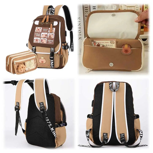 Kawaii Cartoon Capybara Flap Backpack with Matching Pencil Case – Spacious & Lightweight
