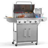 “4-Burner Propane Gas Grill with Side Burner – Stainless Steel BBQ with Thermometer & Enameled Cast Iron Grates”