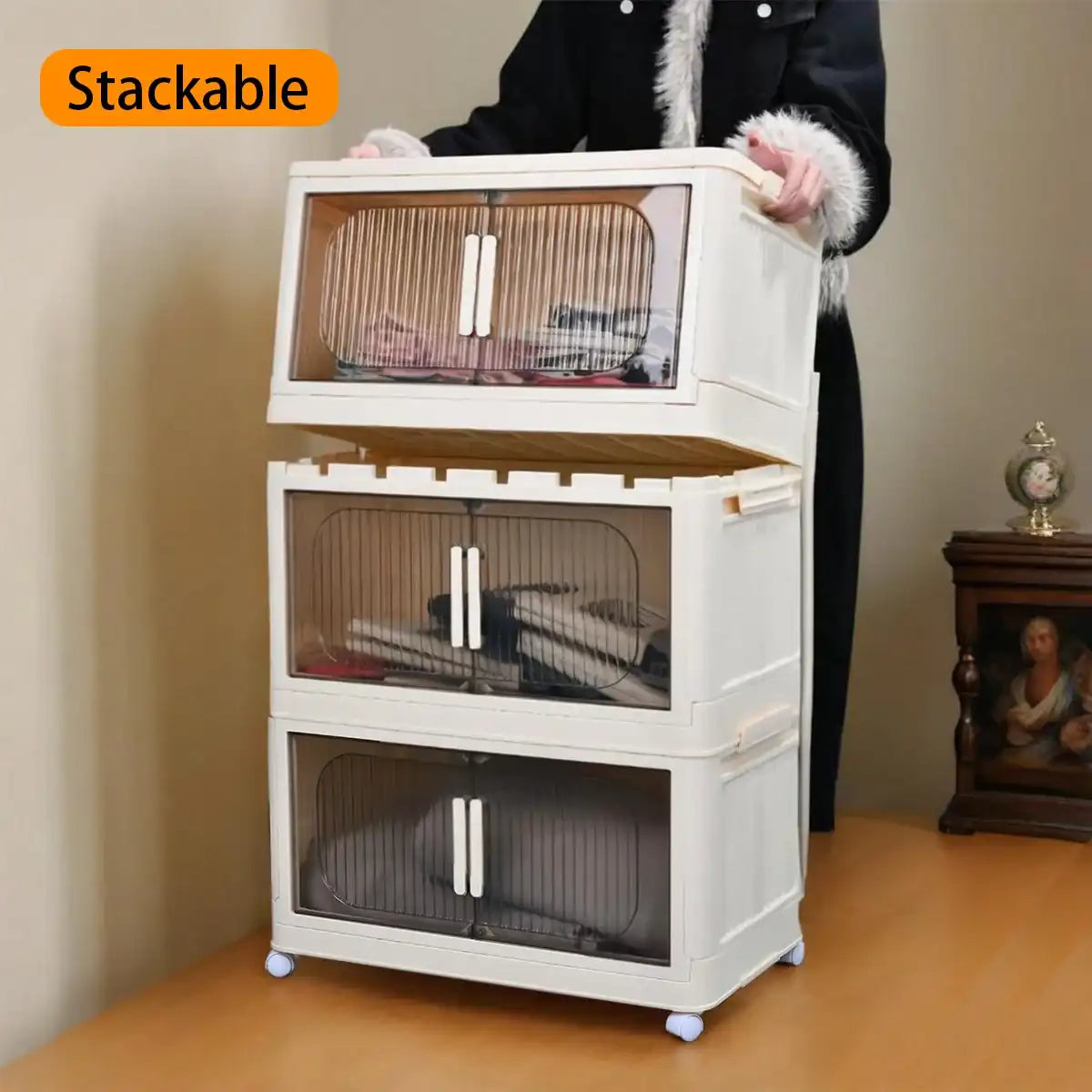 Cream-White Magnetic Door Plastic Storage Cabinet – Stackable Home Organizer Bin with Lids for Clothes, Toys & More