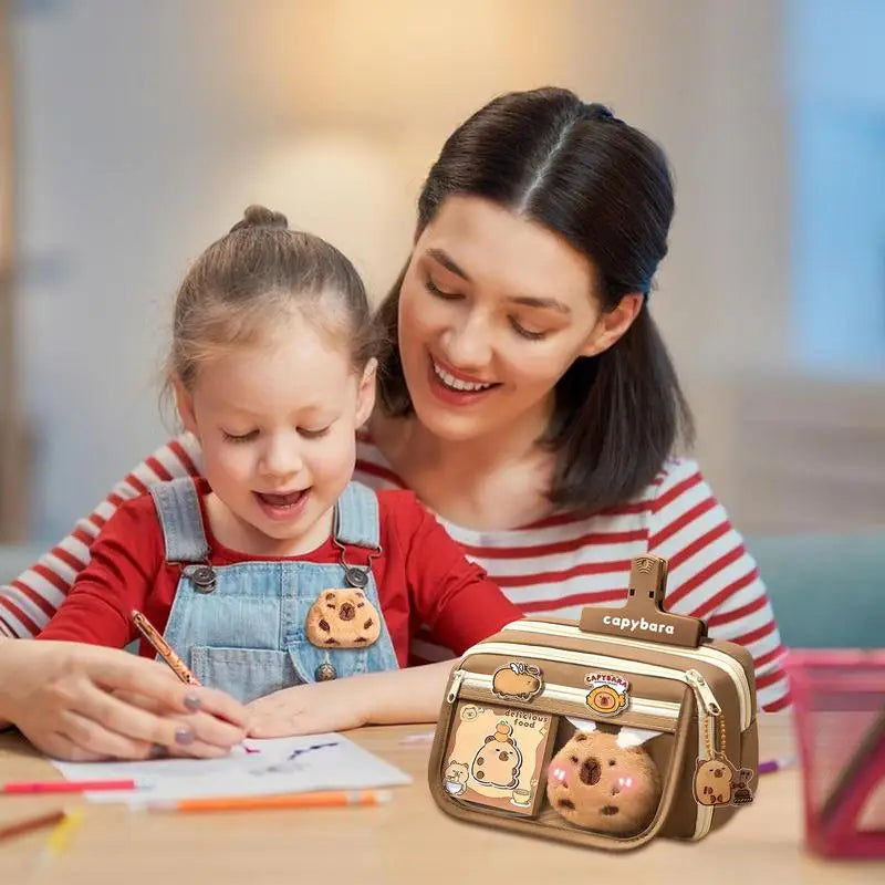 Large Capacity Pencil Case with Flip Cover – Capybara Stationery Storage Bag for School & Office Supplies 🐾