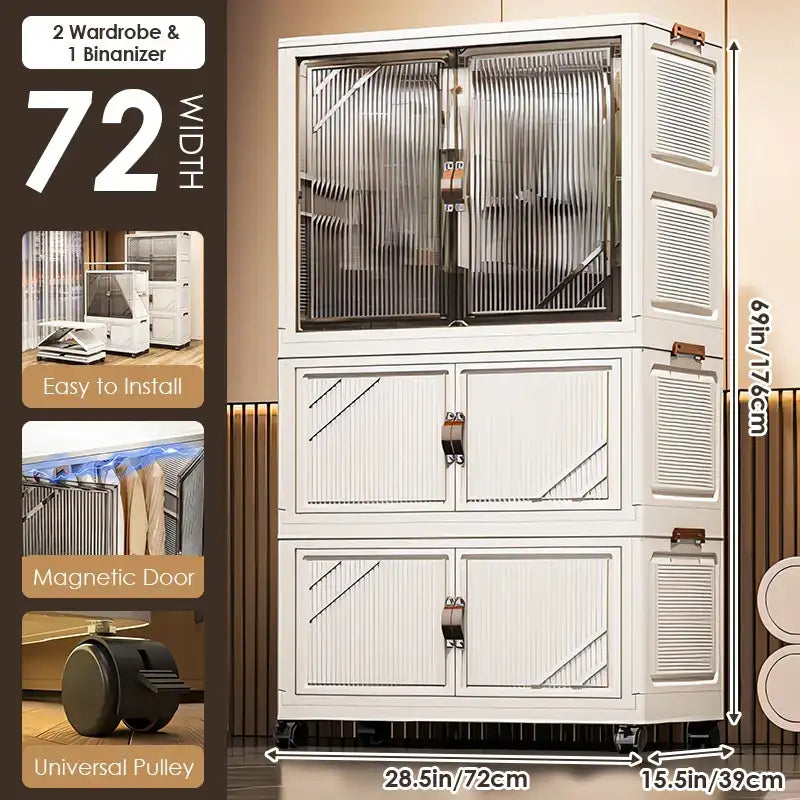 Multi-Layer Folding Storage Cabinet with Wheels – Large Capacity Rolling Organizer Wardrobe