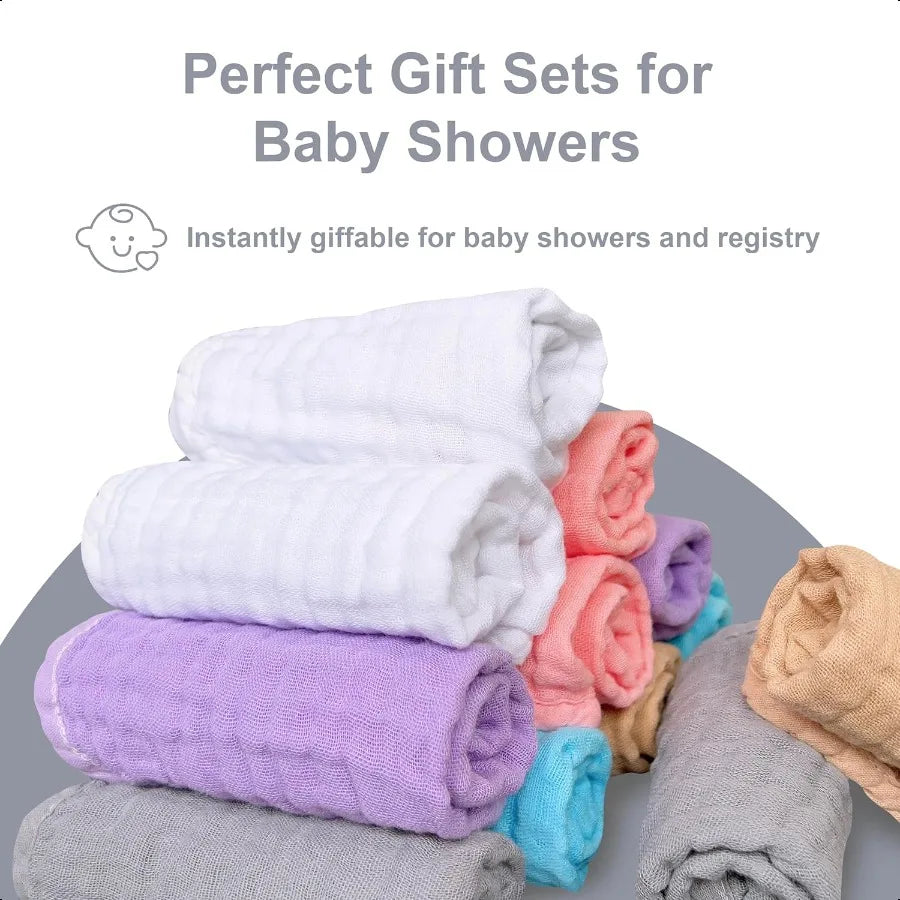 12-Pack Baby Muslin Washcloths – Soft & Absorbent Face Cloths for Newborn Bath, Wipes & Burp Rags