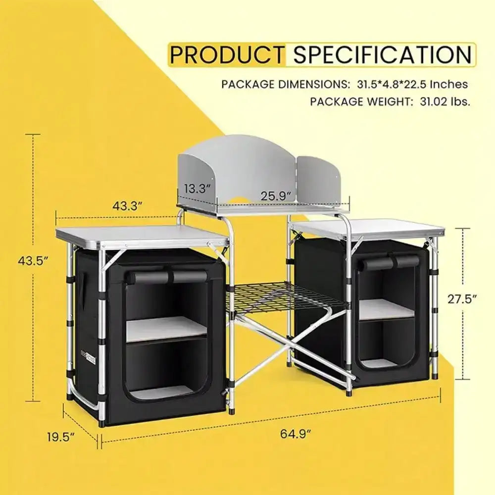 Portable Folding Camping Kitchen Table – Picnic Cabinet with Windshield & Storage