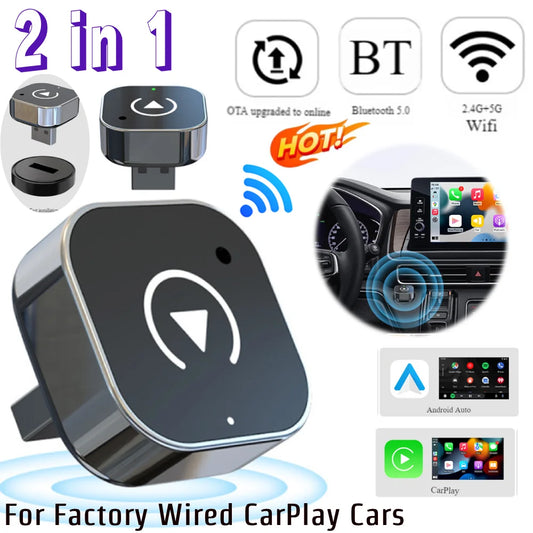 2-in-1 Wireless CarPlay & Android Auto Adapter – Plug & Play Dongle to Convert Factory Wired CarPlay to Wireless