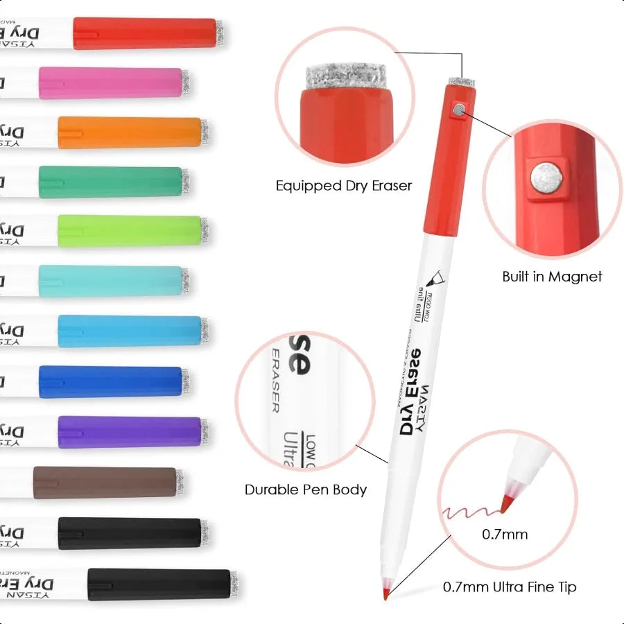 Ultra Fine Tip Dry Erase Markers – 12-Pack Magnetic Whiteboard Markers with Erasers (0.7mm) 🧲
