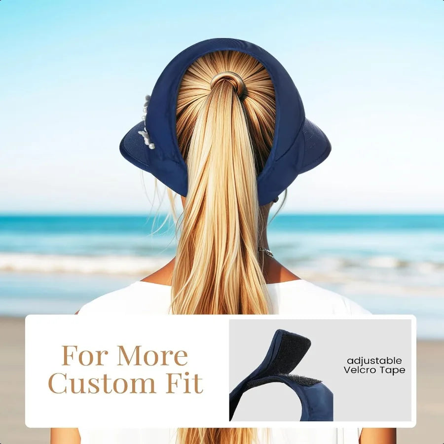 Women’s Wide Brim Sun Hat – UV Protection Beach Hat with Packable Ponytail Visor for Summer Travel