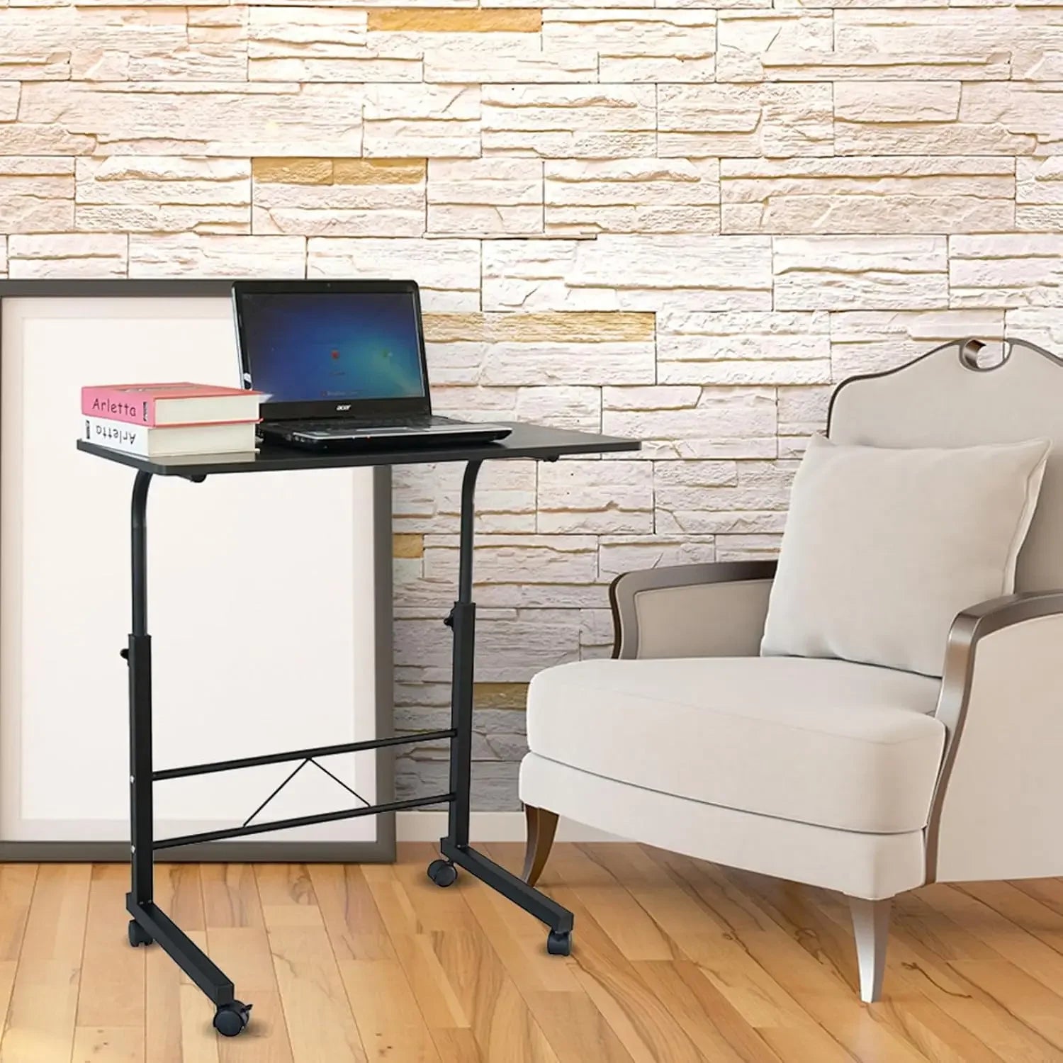 🖥️ Black Pipe Rack Computer Desk – Adjustable Height Mobile Side Table with Wheels & 60cm Particleboard Surface