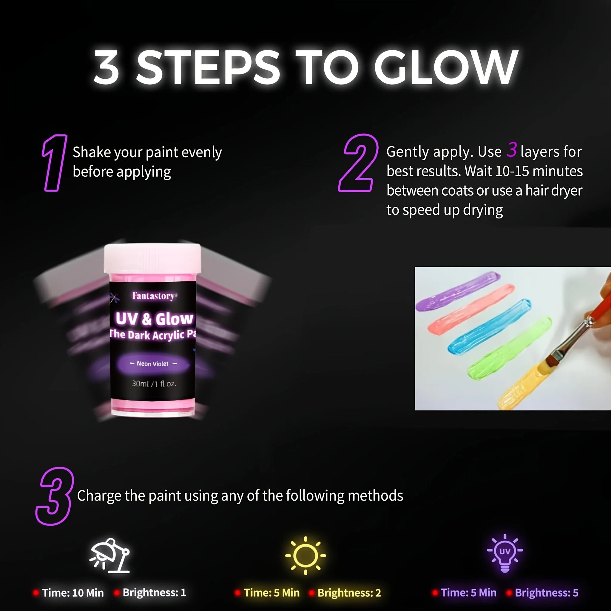 Fantastory Glow-in-the-Dark Acrylic Paint Set (10 Colors, 30ml) – Waterproof Luminous Paint for Crafts & Art