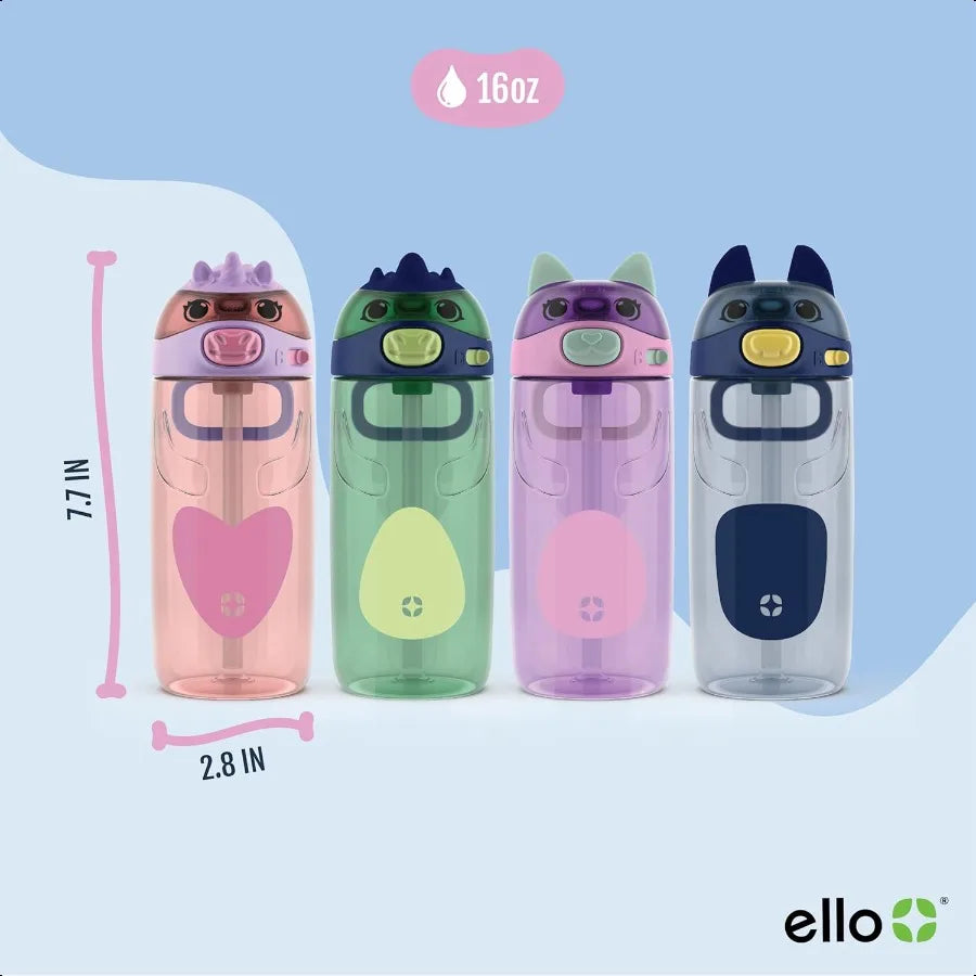 Ellies 16 oz Tritan Kids Water Bottle – Straw Lid, Carrying Handle & Leak-Proof Design for School & Lunchbox