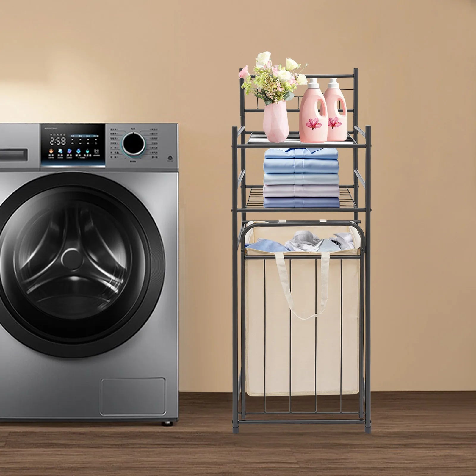 3-Tier Large-Capacity Laundry Storage Rack – Grid Structure Iron Frame with Removable Oxford-Cloth Basket