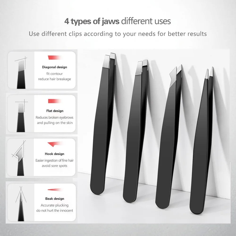 High-Precision 4-Piece Stainless Steel Tweezer Set – Black Finish, Facial Hair Tools for Men & Women