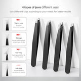 High-Precision 4-Piece Stainless Steel Tweezer Set – Black Finish, Facial Hair Tools for Men & Women