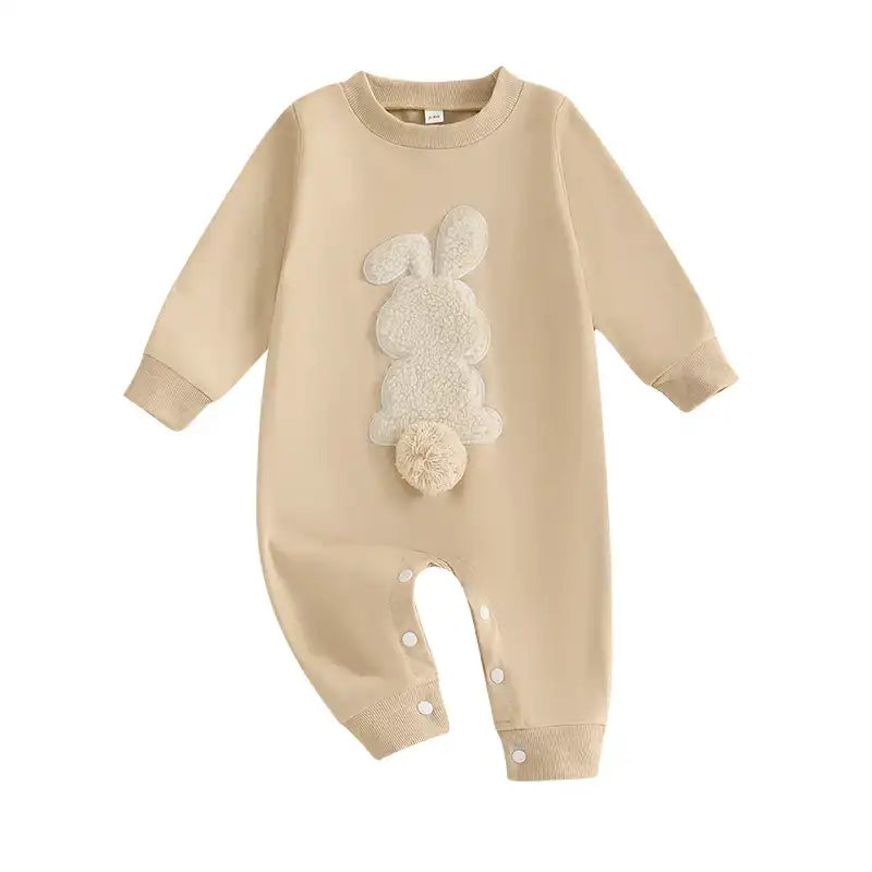 Plush Bunny Embroidery Romper Jumpsuit – Long Sleeve Crew-Neck Spring Infant Outfit for Baby Girls & Boys