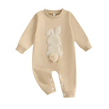 Plush Bunny Embroidery Romper Jumpsuit – Long Sleeve Crew-Neck Spring Infant Outfit for Baby Girls & Boys