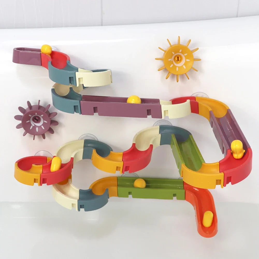 “Baby Marble Runs DIY Bath Toys – Assembled Slide Track Bathtub Game with Ball Bearing Sliders for Kids”