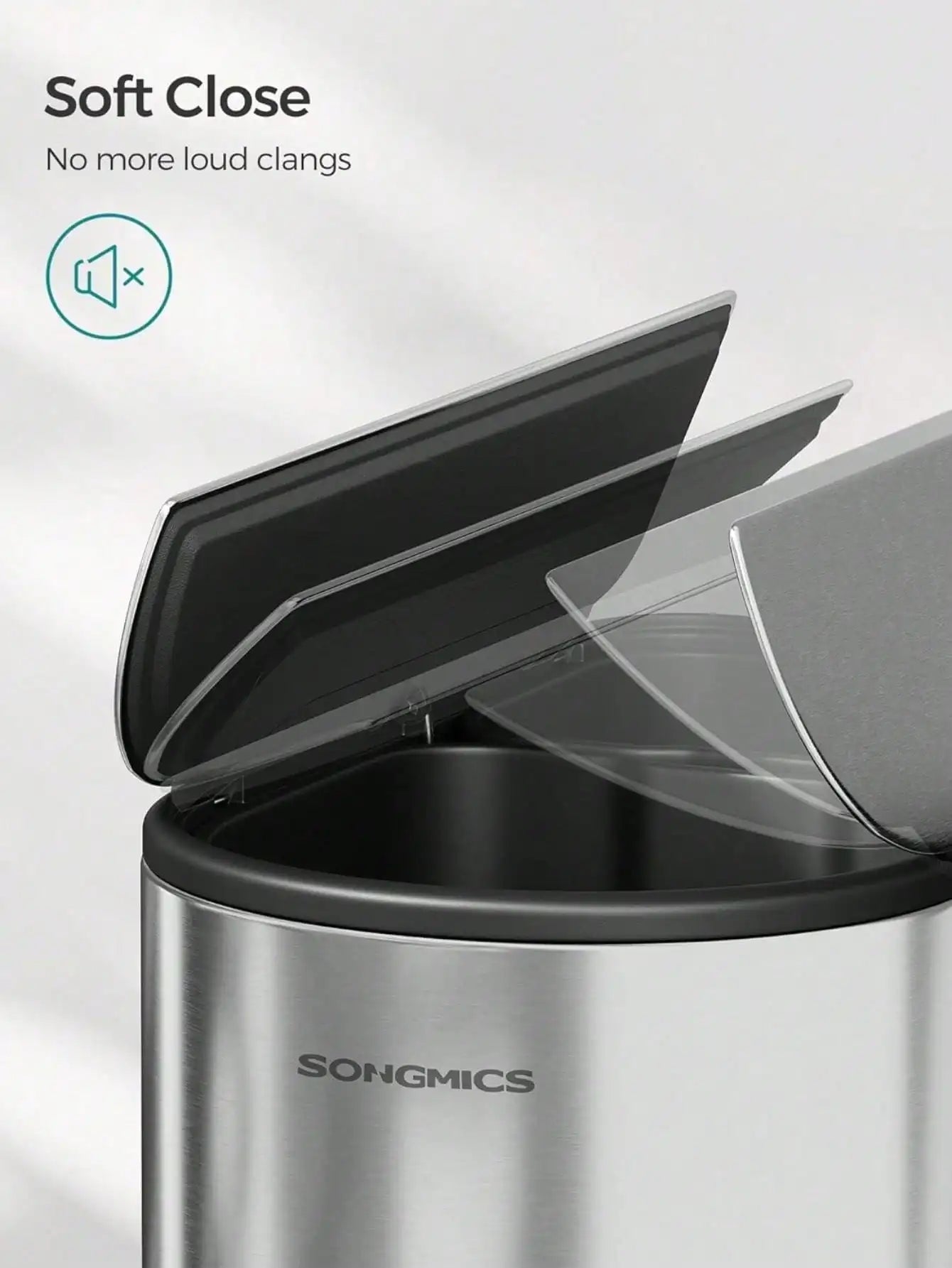 SONGMICS 13-Gallon Dual Kitchen Trash Can – 5.3 & 8 Gallon Compartments, Stainless Steel Wing Lids