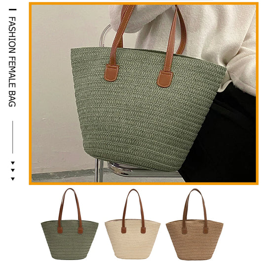 Large Capacity Woven Beach Tote Bag – Casual Solid-Colour Shoulder Bag for Women