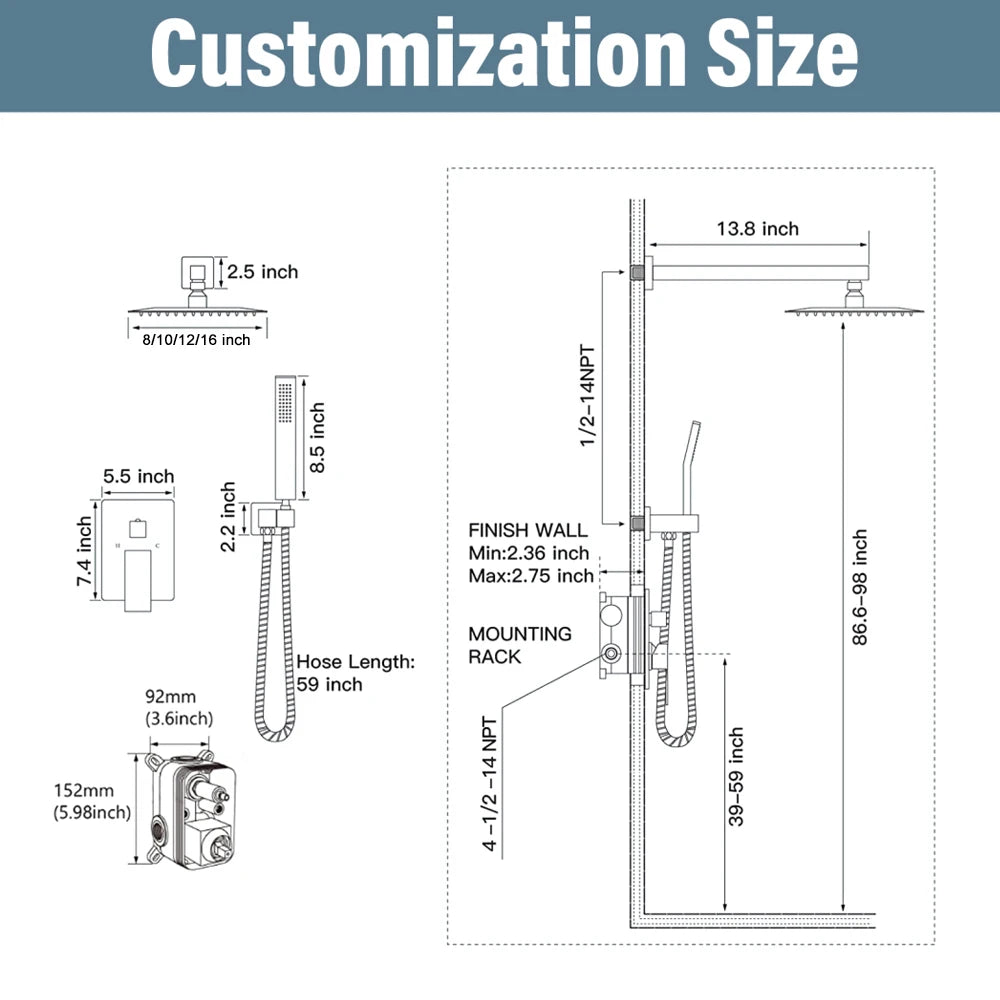 Chrome Shower Faucet Set – 2/3-Way Rainfall System with Brass Mixer & Diverter (8–16" Head, Wall-Mounted, Embedded Box Control)