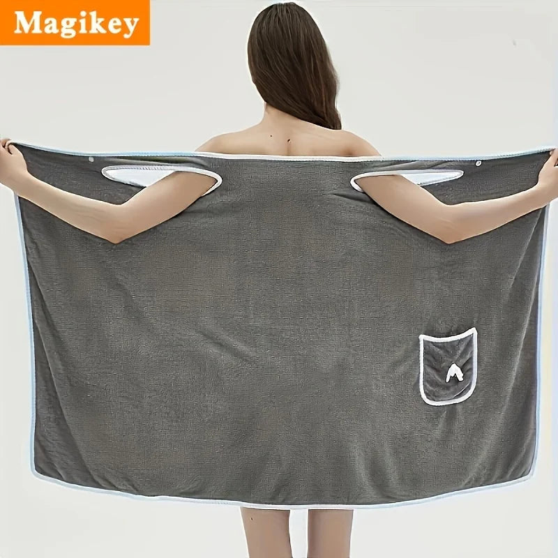 Wearable Coral Velvet Bath Towel – Soft Quick-Dry Bath Dress with Pockets & Bow Design | Absorbent Spa Robe for Women