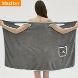 Wearable Coral Velvet Bath Towel – Soft Quick-Dry Bath Dress with Pockets & Bow Design | Absorbent Spa Robe for Women