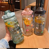 2 L Sports Straw Water Bottle – Large Capacity Jug with Time-Marker & Stickers, Portable for Fitness & Travel