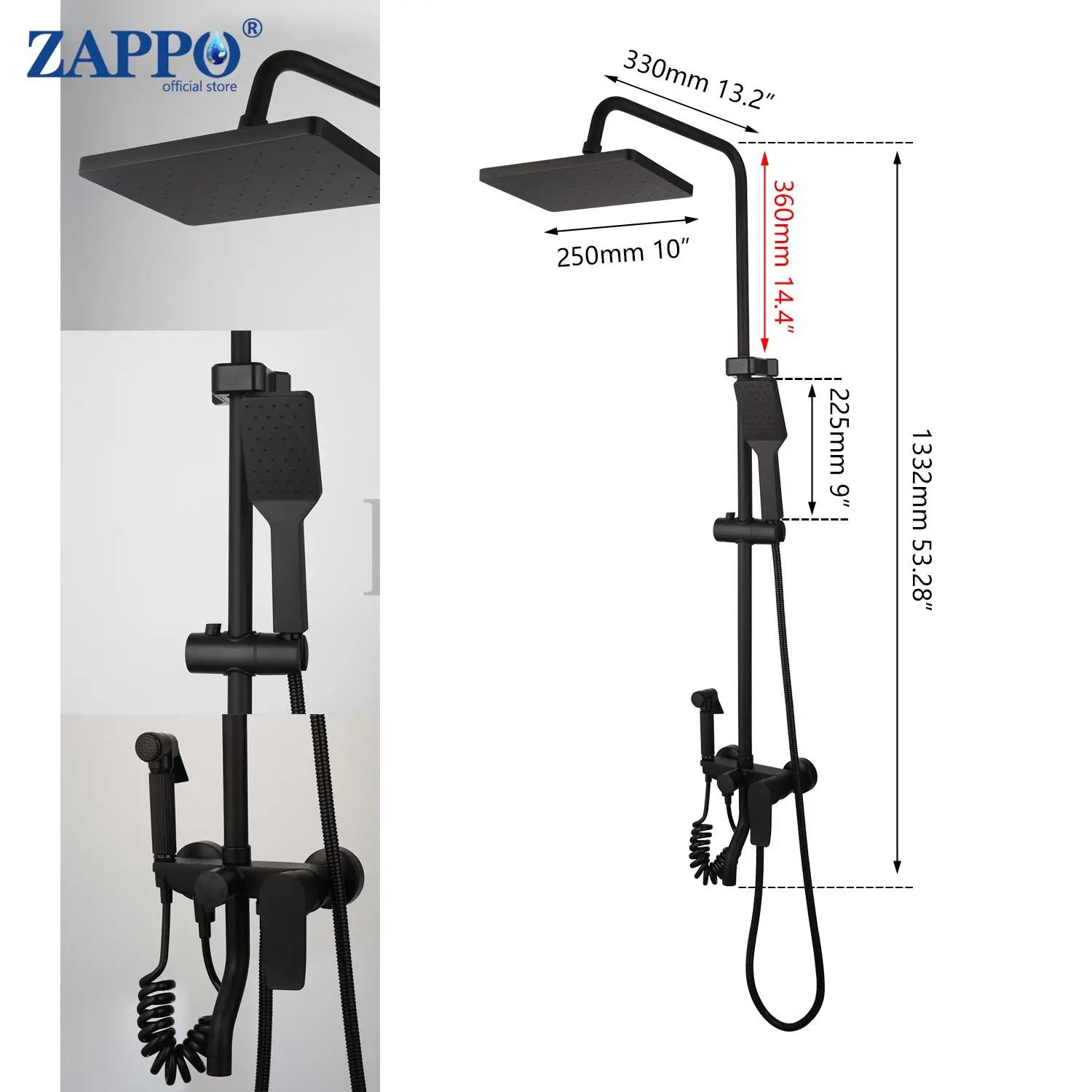 Zappo Matte Black 8-Inch Rainfall Shower Set – Wall-Mounted 3/4-Function System with ABS Shelf