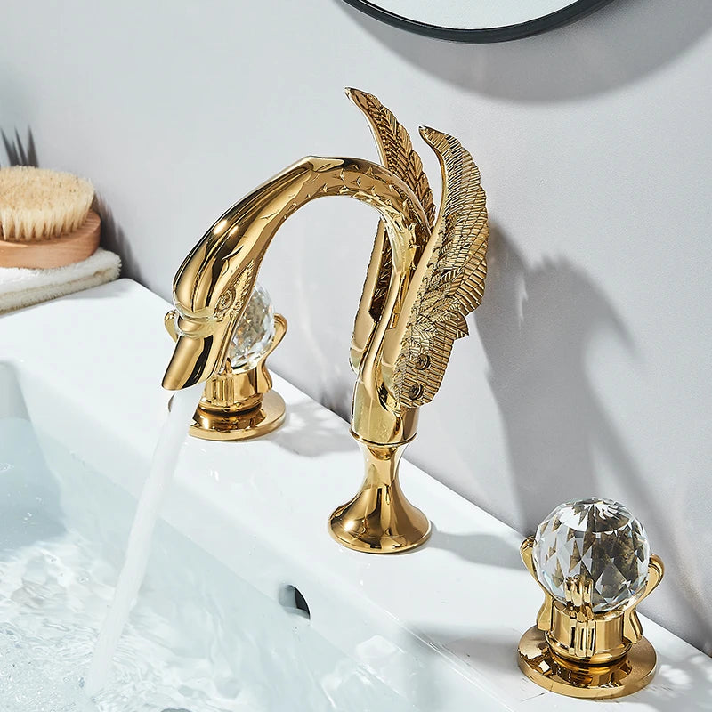 Gold Swan Deck-Mounted Basin Mixer Faucet – Dual Crystal Handle Hot & Cold Tap
