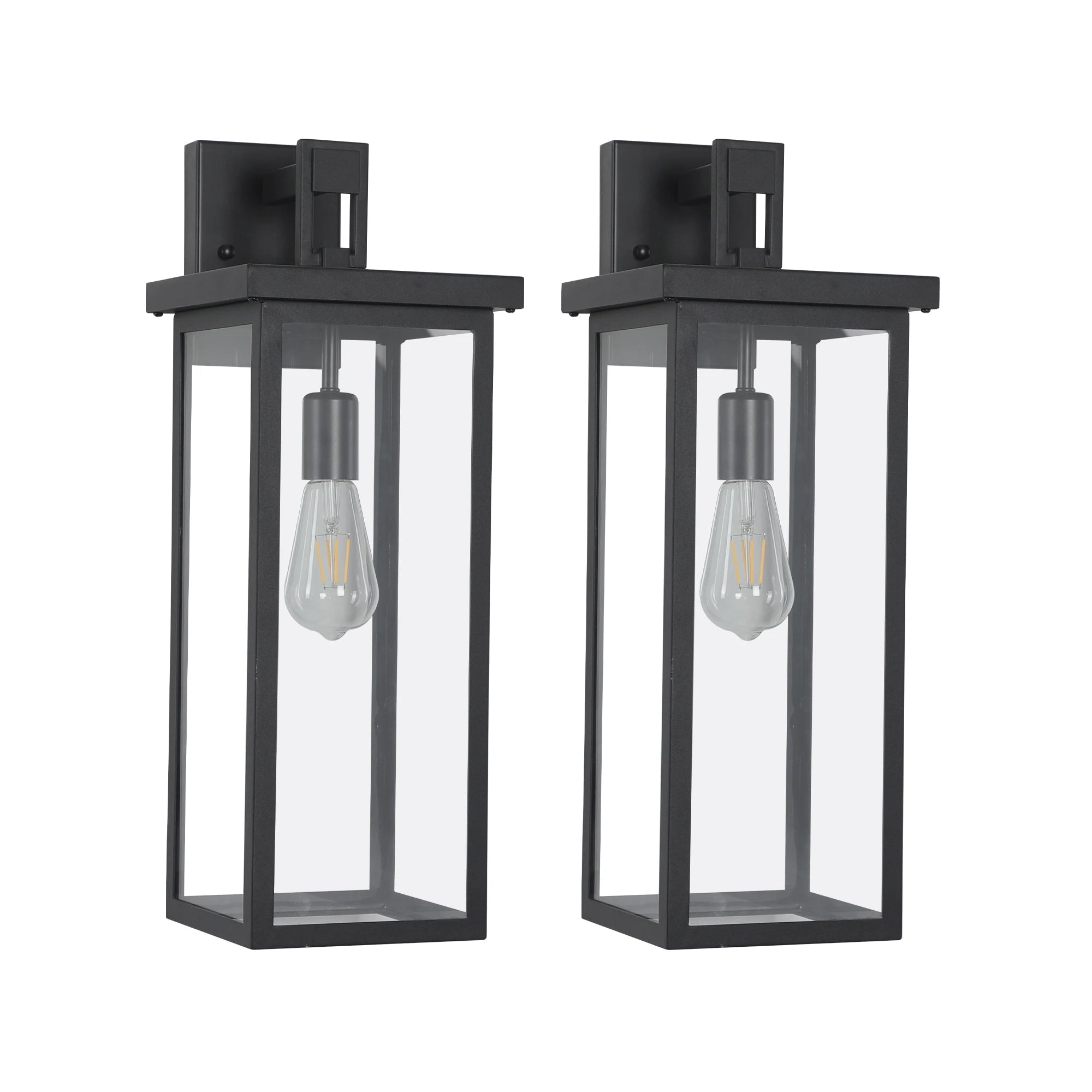 Set of 2 Modern Outdoor Wall Lanterns – Black Metal Frame with Clear Glass, Weatherproof Wall Sconces